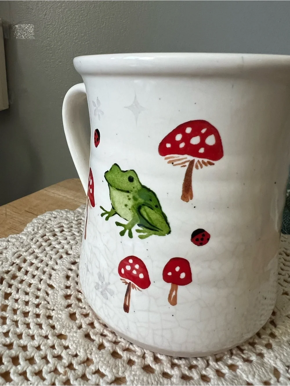 Ceramic Frog & Mushroom Large Coffee Mug Cottage Core Retro Vibe Earthenware